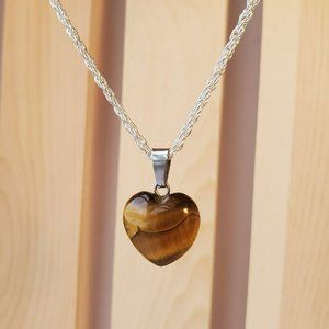 Tigers Eye Heart Necklace, natural gemstone jewelry, Silver plated chain 24"